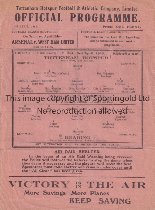 SPURS Single sheet programme Tottenham Hotspur v Reading 3/3/1943. Folds, score, scorers and team