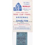 1943 FL SOUTH WAR CUP FINAL / ARSENAL V CHARLTON ATHLETIC Programme and seat ticket. Programme is