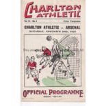 CHARLTON ATHLETIC v ARSENAL Programme for the home 1st Division match at Charlton on the 20/11/37.