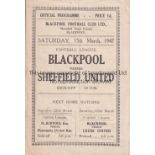 BLACKPOOL Four Page programme v Sheffield United 15/3/1947. Light vertical fold. No writing.