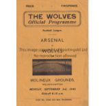 WOLVES Programme for the home FL South match v Arsenal 3/9/1945, horizontal fold and team changes.