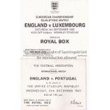 ENGLAND / WEMBLEY ROYAL BOX TICKETS Two tickets, v. Portugal 10/12/1969 and Luxembourg 4/9/1999.