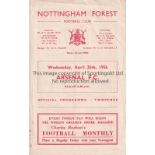 NOTTINGHAM FOREST V ARSENAL 1956 Programme for the Friendly at Forest 25/4/1956, very slightly