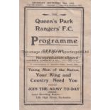 QPR First World War Home programme v Brentford 25/9/1915. Some tears restored. No writing. Fair to