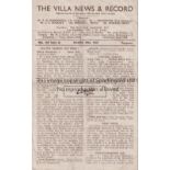 ASTON VILLA Four page home programme v Chelsea 29/3/1947. Folds. No writing. Fair to generally good