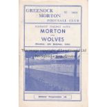 MORTON / WOLVES Programme for the friendly match Morton v Wolverhampton Wanderers 8/10/1962. Score