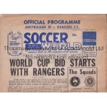 RANGERS Soccer World Newspaper official programme Australian XI v Glasgow Rangers 6/6/1975. Comes