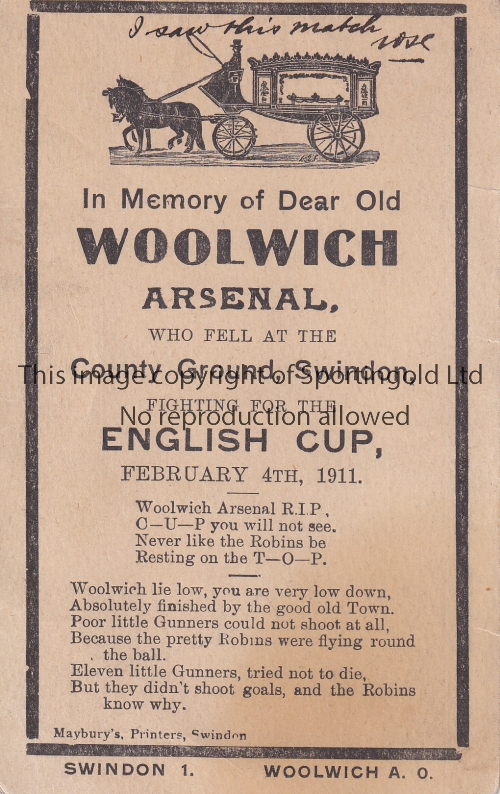 WOOLWICH ARSENAL In Memoriam Post Card for Woolwich Arsenal who were defeated by Swindon Town in the