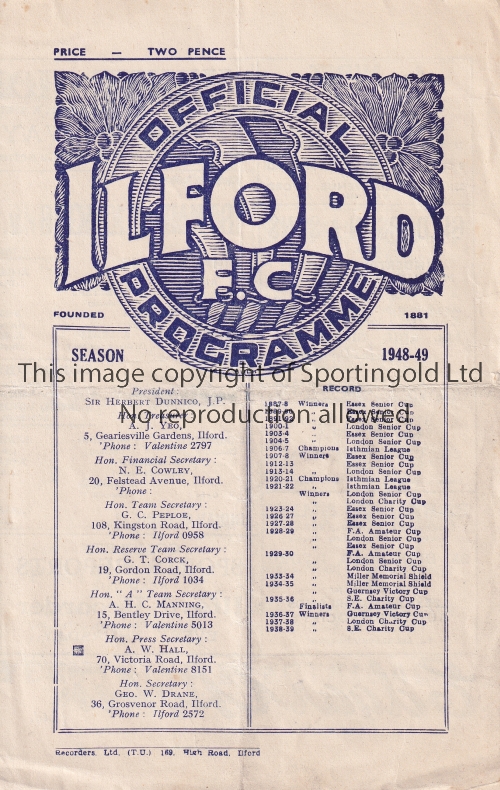 ISTHMIAN LEAGUE 1948 Programme for the Representative Match at Ilford FC 21/8/1948, Isthmian