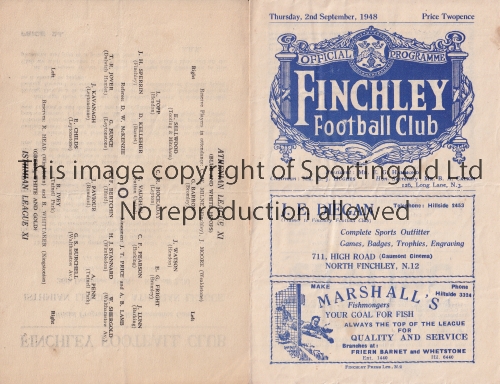 NEUTRAL MATCHES AT FINCHLEY FC Two programmes: Isthmian League v Athenian League 26/12/1946 and