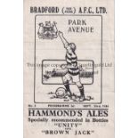 BRADFORD PARK AVENUE V BRADFORD CITY 1944 Programme for the match at Bradford 23/9/44. Folds. Fair
