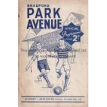BRADFORD PARK AVENUE v LEEDS UNITED 1949 Programme for the 2nd Division fixture. 26/11/1949,