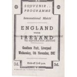 ENGLAND V IRELAND 1947 AT EVERTON Programme for the match on 5/11/1947. Very slight vertical crease.