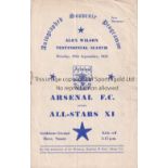 ARSENAL Programme for the away Friendly v All-Stars XI at Brighton & Hove Albion FC 29/9/1952,