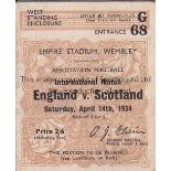 ENGLAND V SCOTLAND 1934 Ticket for the match at Wembley 14/4/1934. Generally good