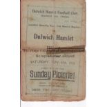 DULWICH HAMLET Three poor condition home programmes v. Ilford 17/11/1928 London Charity Cup, heavily