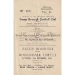 BACUP Four page programme Bacup Borough v Rossendale United 13/9/1947. Score , scorers . Fair to