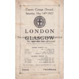 FULHAM Programme London v Glasgow Schools match at Craven Cottage 14/5/1927. Some rusting at staples