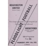 HEADINGTON / BRENTFORD Four page card programme for the floodlight friendly match v Brentford 16/4/