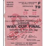 1942 LONDON WAR CUP FINAL / PORTSMOUTH V BRENTFORD Seat ticket for the match at Wembley 30/5/1942.