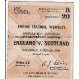 ENGLAND V SCOTLAND 1938 Ticket for the match at Wembley 9/4/1938. Generally good