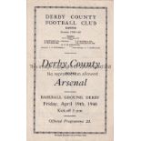 DERBY COUNTY Programme for the home FL South match v Arsenal 19/4/1946, folded in four. Generally