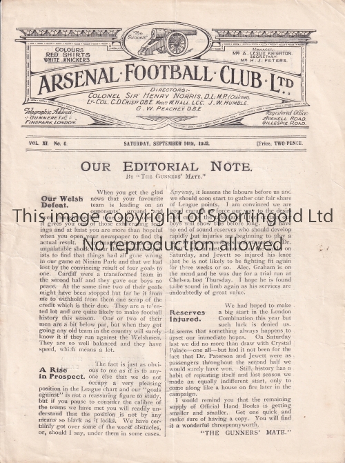 ARSENAL Programme for the home League match v. Cardiff City 16/9/1922, very slightly creased.