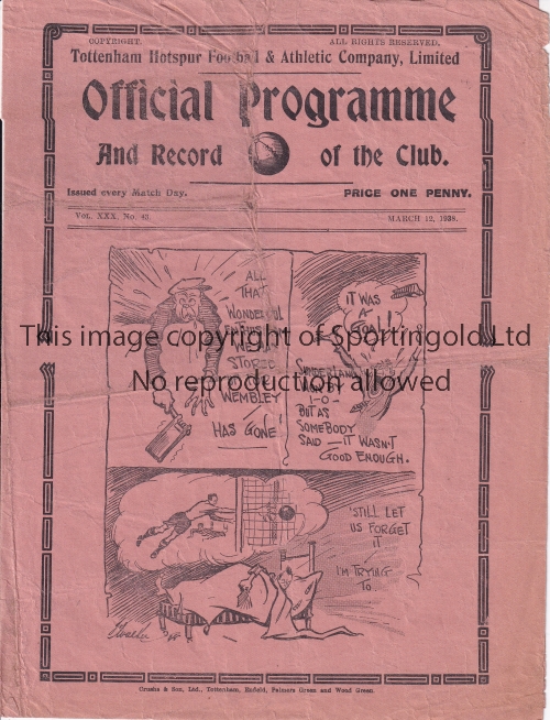 SPURS Programme Tottenham v Chesterfield 12/3/1938. Folds. Worn. No writing. Fair