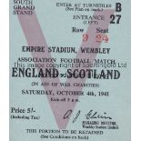 ENGLAND V SCOTLAND 1941 Seat ticket for the match at Wembley 4/10/1941. Generally good