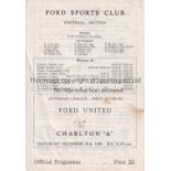 CHARLTON ATHLETIC Programme for the "A" team away Aetolian League match v. Ford United 24/12/1960,