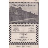 FULHAM V ARSENAL 1945 Programme for the Friendly match at Fulham 7/4/1945, vertical crease, team