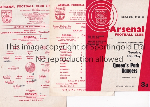 ARSENAL Five home programmes for London Challenge Cup matches v. QPR Final 65/6 and single cards