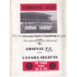 ARSENAL Programme for the away Friendly v. Canada Selects 23/5/1973 in the CNE Stadium in Toronto,