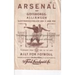 ARSENAL Programme for the away Friendly v Gothenburg Combined XI 3/6/1931, very slightly creased.