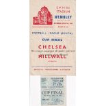 1945 FL SOUTH WAR CUP FINAL / CHELSEA V MILLWALL Programme and seat ticket. Programme is heavily