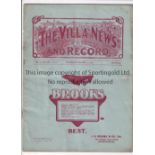 WOOLWICH ARSENAL Programme for the away League match v Aston Villa 13/3/1909, slightly creased and