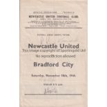 NEWCASTLE UNITED V BRADFORD CITY 1944 / AUTOGRAPHS Programme for the FL North match at Newcastle