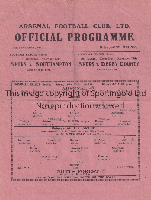 ARSENAL Single sheet home programme in the FL South for season 1945/6 v. Nottingham Forest 15/12/