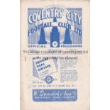 COVENTRY CITY V SHEFFIELD WEDNESDAY 1950 Programme for the League match at Coventry 11/2/1950,
