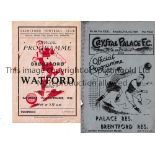BRENTFORD Two 4 Page Brentford Reserves programmes away to Crystal Palace 1/2/1936 (small piece