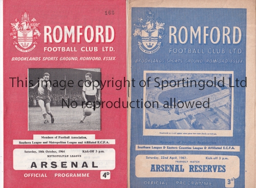 ARSENAL Two programmes for away matches v. Romford, 22/4/1961 Friendly and 10/10/1964 Met. League.