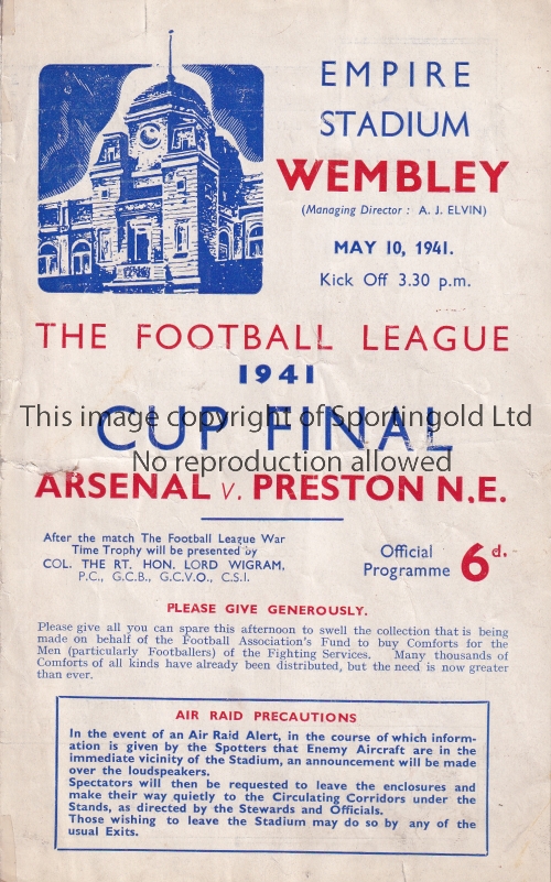 1941 WAR CUP FINAL / ARSENAL V PRESTON NORTH END Programme for the match at Wembley 10/5/1941, minor