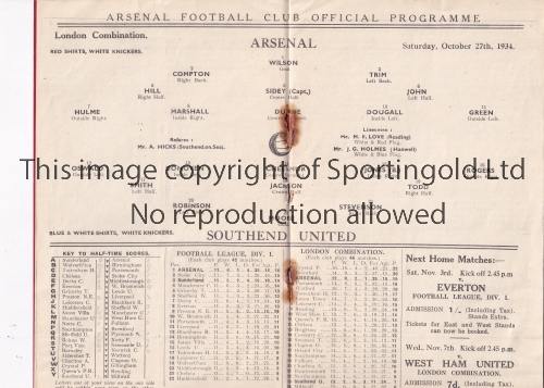 ARSENAL Home programme for the London Combination match v Southend United 27/10/1934, staples rusted