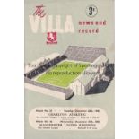 ASTON VILLA Home programme Reserves v Manchester United Reserves 27/12/1950. Also covers match v