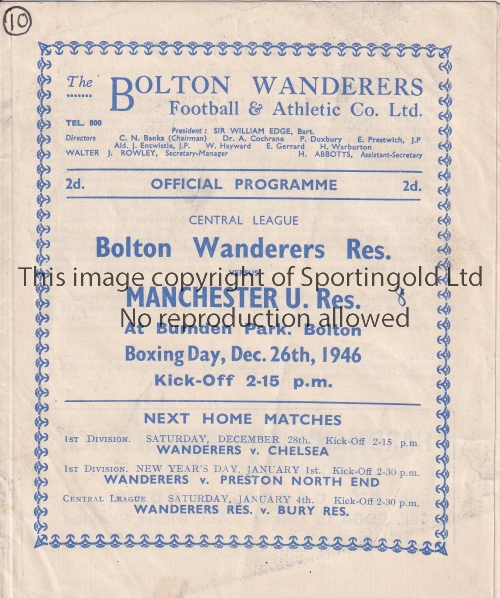 MANCHESTER UNITED Programme for the away Reserve team Central League match at Bolton 26/12/1946,