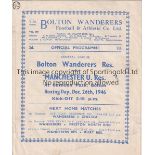 MANCHESTER UNITED Programme for the away Reserve team Central League match at Bolton 26/12/1946,