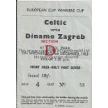 CELTIC V DINAMO ZAGREB 1963 Seat ticket for the ECWC tie at Glasgow 4/12/1963 plus home programme v.
