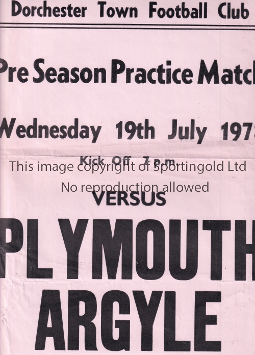 DORCHESTER TOWN V PLYMOUTH ARGYLE 1978 Scarce single sheet programme and match poster for the Pre-