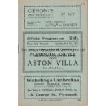 PLYMOUTH ARGYLE V ASTON VILLA 1937 Programme for the League match at Plymouth 2/10/1937. Number on