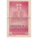 LINCOLN CITY Home programme v Preston North End FAC 4th round 30/1/1954, slightly creased. Generally